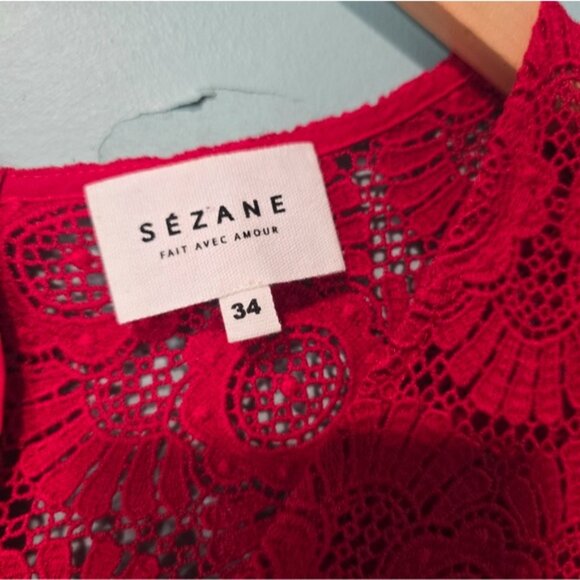Sezane Women's Blouse Lace Crochet Romantic 3/4 Sleeve V-Neck Shirt Red Size 34 - Picture 4 of 4